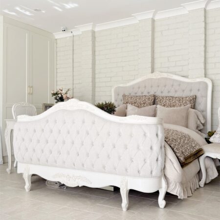 Alice Farmhouse Tufted Antique White French Provincial Bed. Elegant French style bed in Sydney with Australia wide delivery.