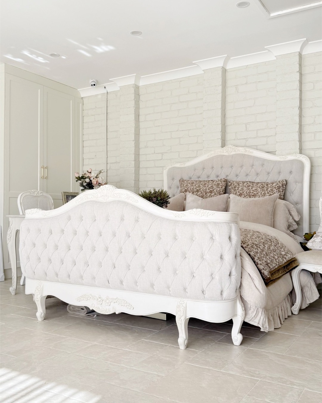 Alice Farmhouse Tufted Antique White French Provincial Bed. Elegant French style bed in Sydney with Australia wide delivery.
