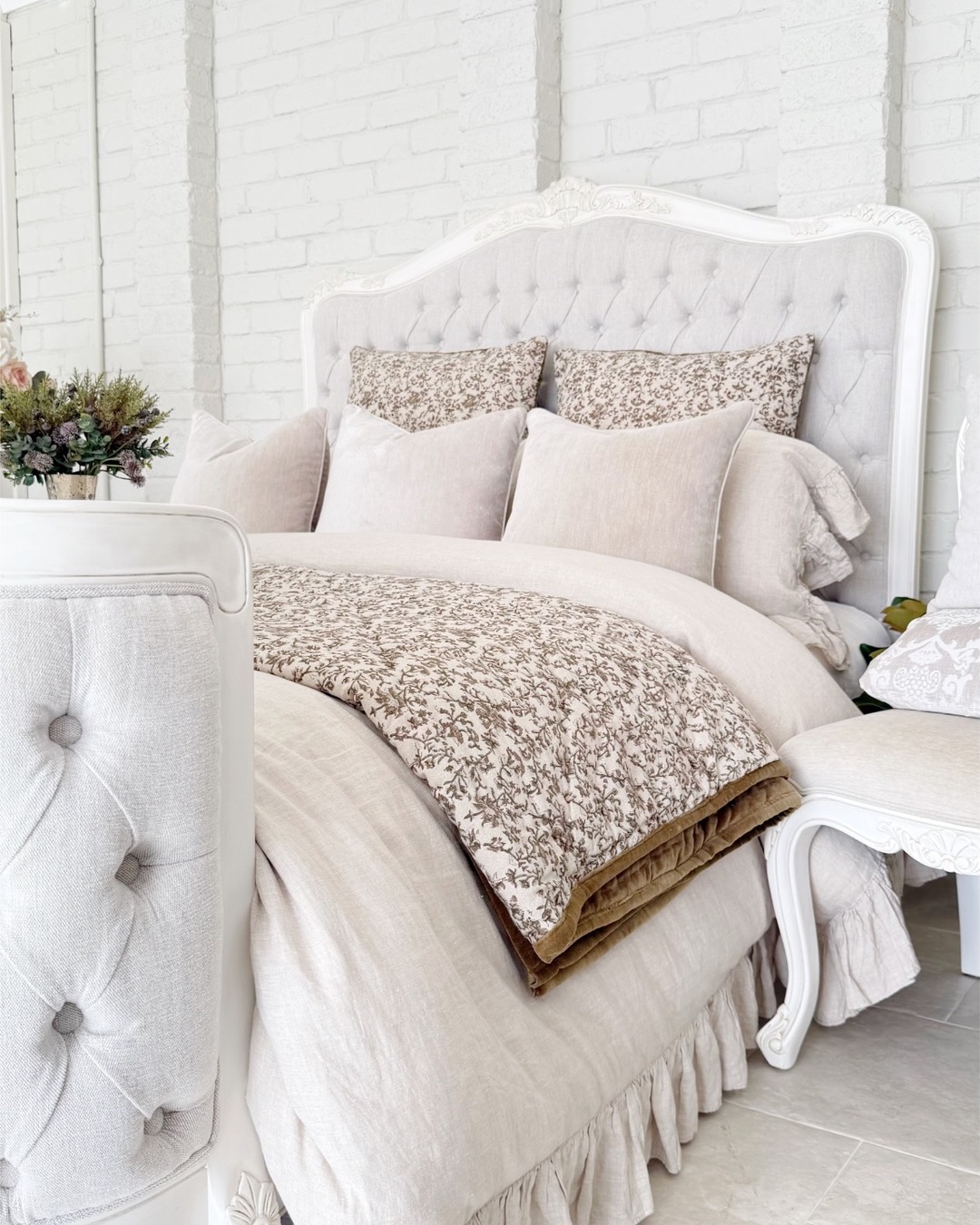 Alice Farmhouse Tufted Antique White French Provincial Bed. Elegant French style bed in Sydney with Australia wide delivery.