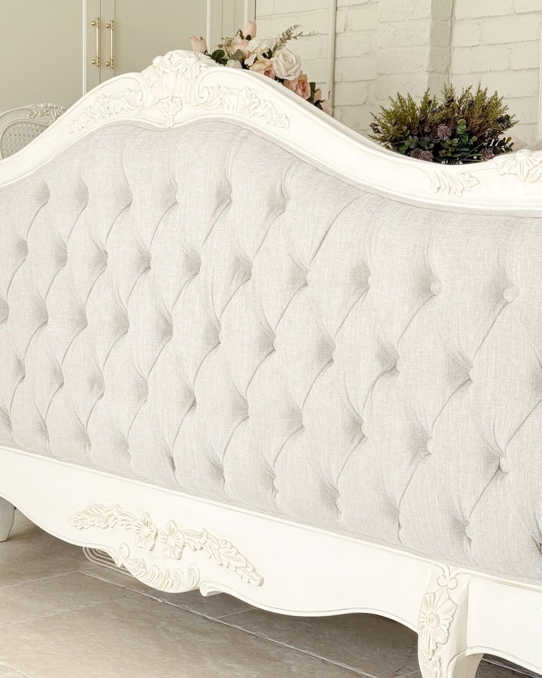Alice Farmhouse Tufted Antique White French Provincial Bed. Elegant French style bed in Sydney with Australia wide delivery.