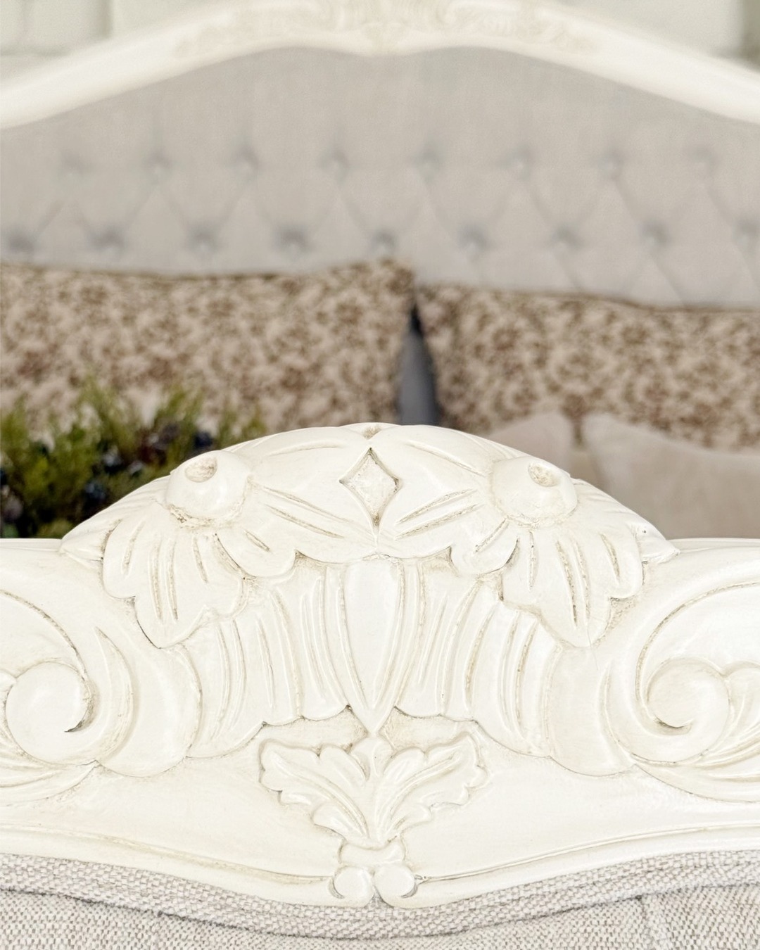 Alice Farmhouse Tufted Antique White French Provincial Bed. Elegant French style bed in Sydney with Australia wide delivery.