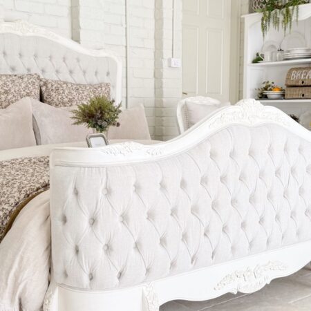 Alice Farmhouse Tufted Antique White French Provincial Bed Elegant French style bed in Sydney with Australia wide delivery.