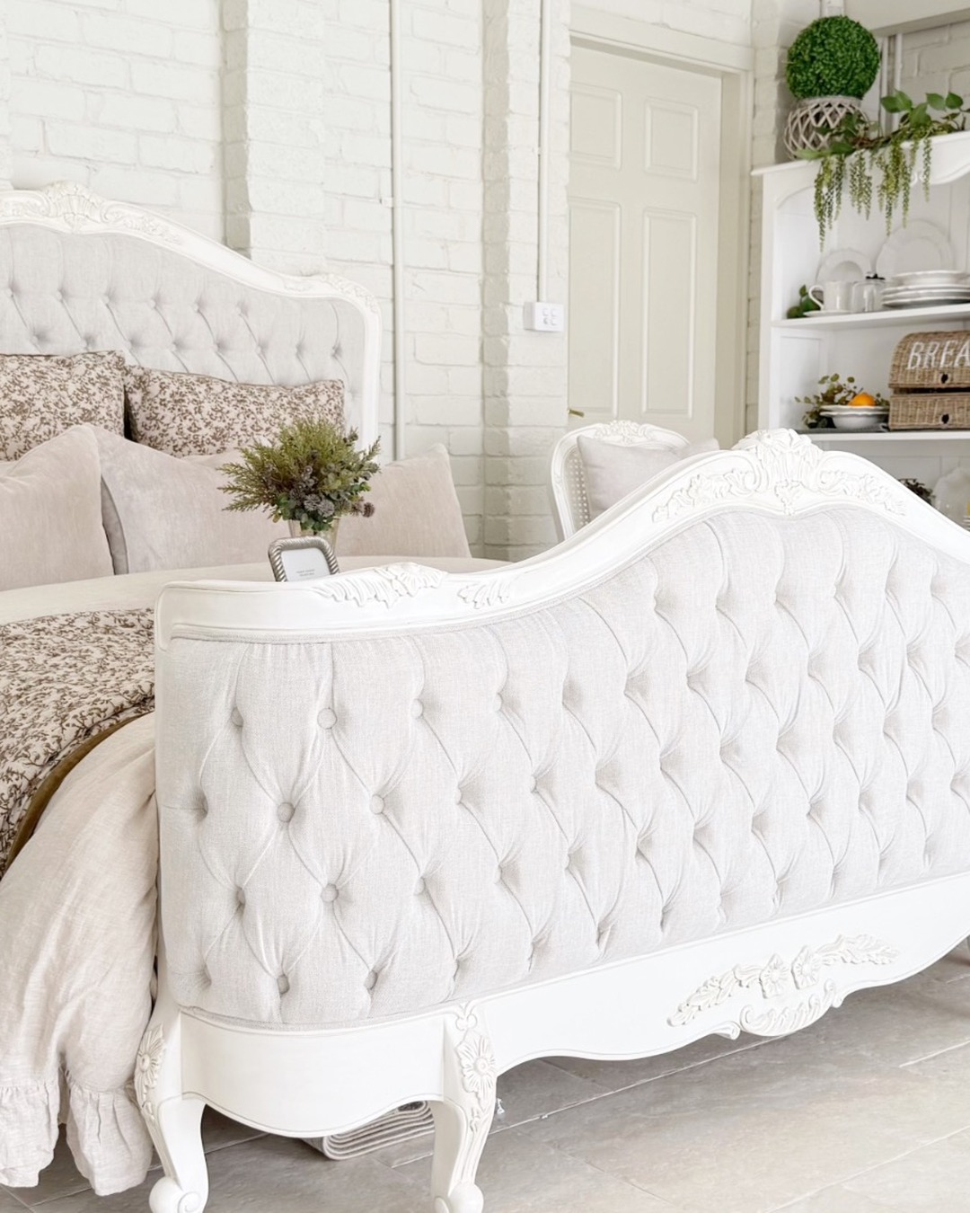 Alice Farmhouse Tufted Antique White French Provincial Bed Elegant French style bed in Sydney with Australia wide delivery.