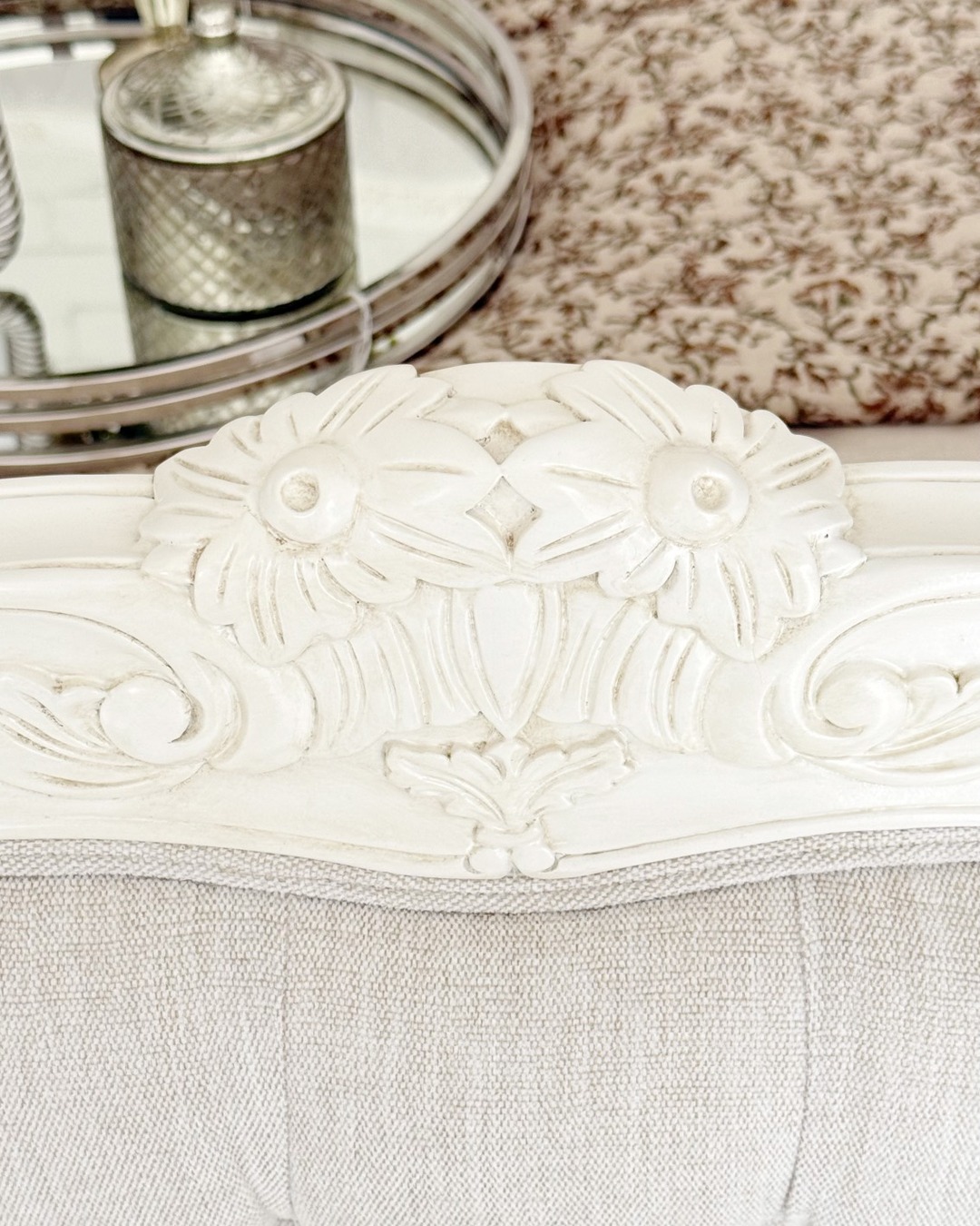 Alice Farmhouse Tufted Antique White French Provincial Bed. Elegant French style bed in Sydney with Australia wide delivery.