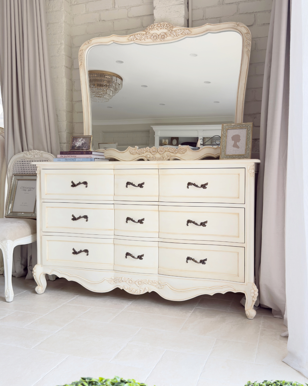 Belle Antique White French Chest of Drawers with Mirror - Image 3