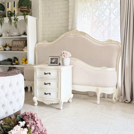Belle Antique White French Upholstered King Bed