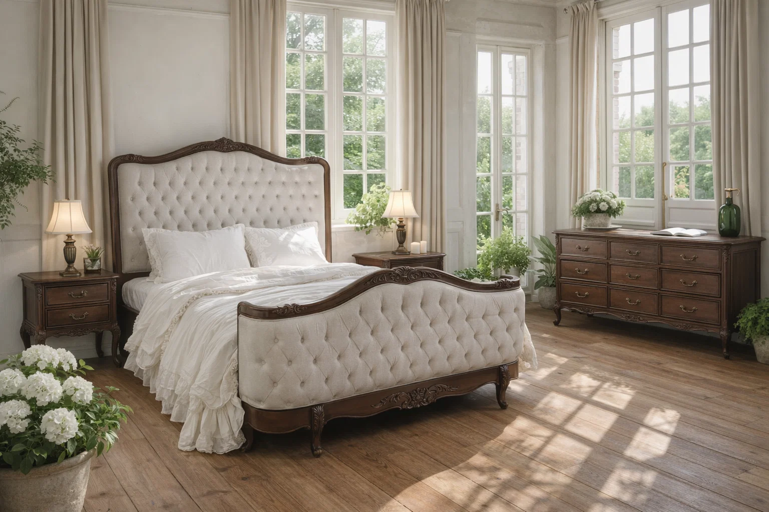 solid-wood-french-bed-tufted-headboard-antique-finish-bedroom suite