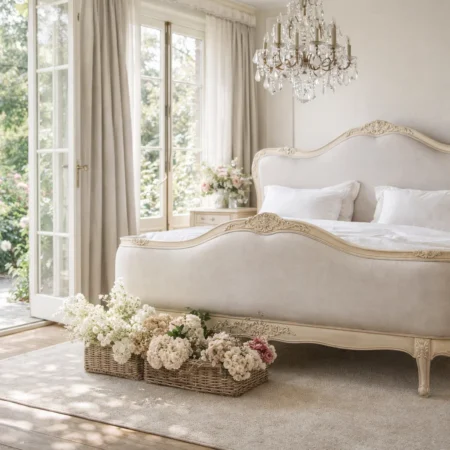 Isabelle Ex Display Super King French Provincial Upholstered Bed Antique Ivory
