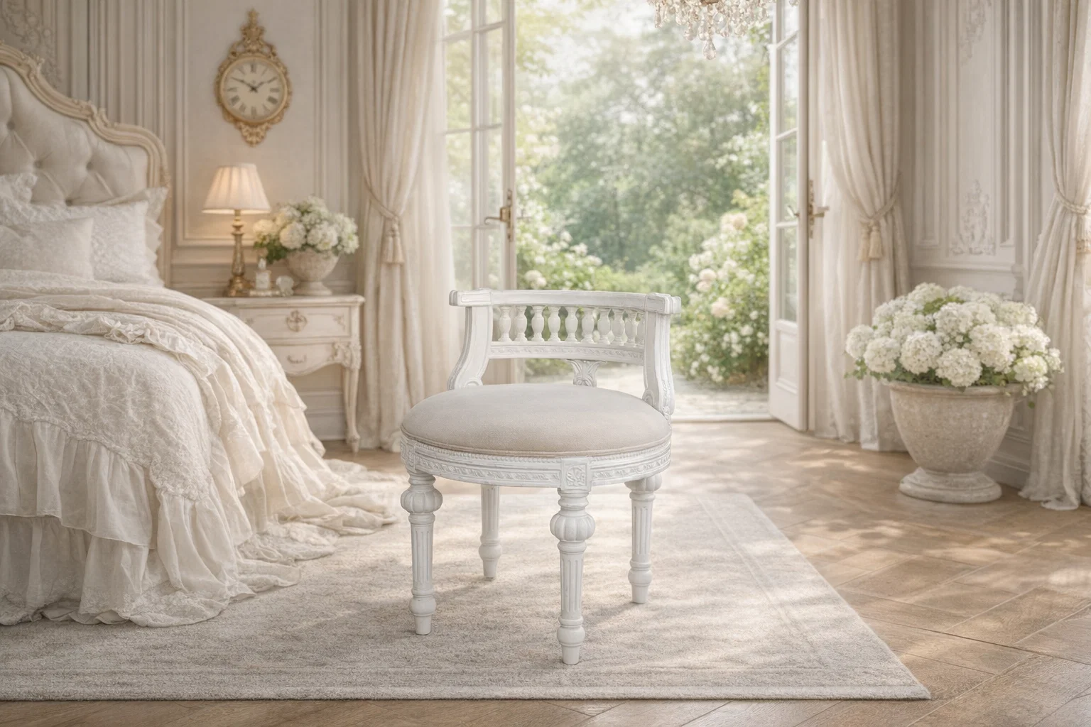 Antique White French Provincial Upholstered Stool - Image 2