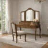 Camille French Provincial Dressing Table Antique Brown Tri Fold Mirror and Chair