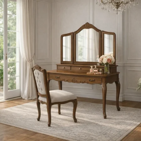 Camille French Provincial Dressing Table Antique Brown Tri Fold Mirror and Chair