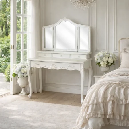 Camille French Provincial Dressing Table Antique White Tri Fold Mirror