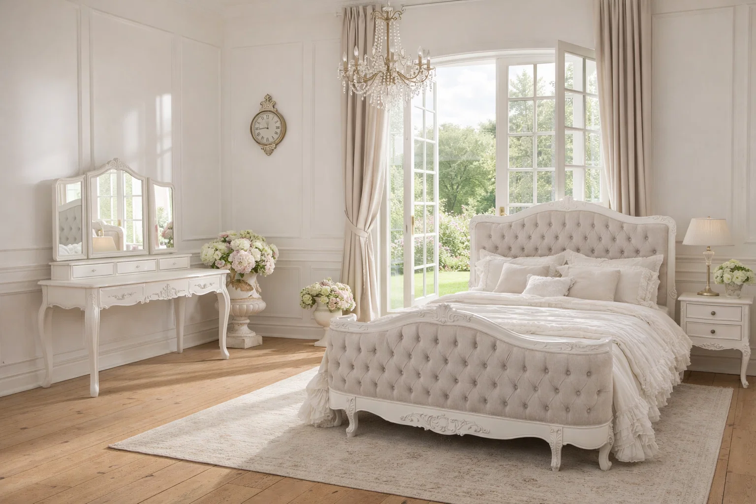 Camille French Provincial Dressing Table Antique White Tri Fold Mirror and Chair - Image 2