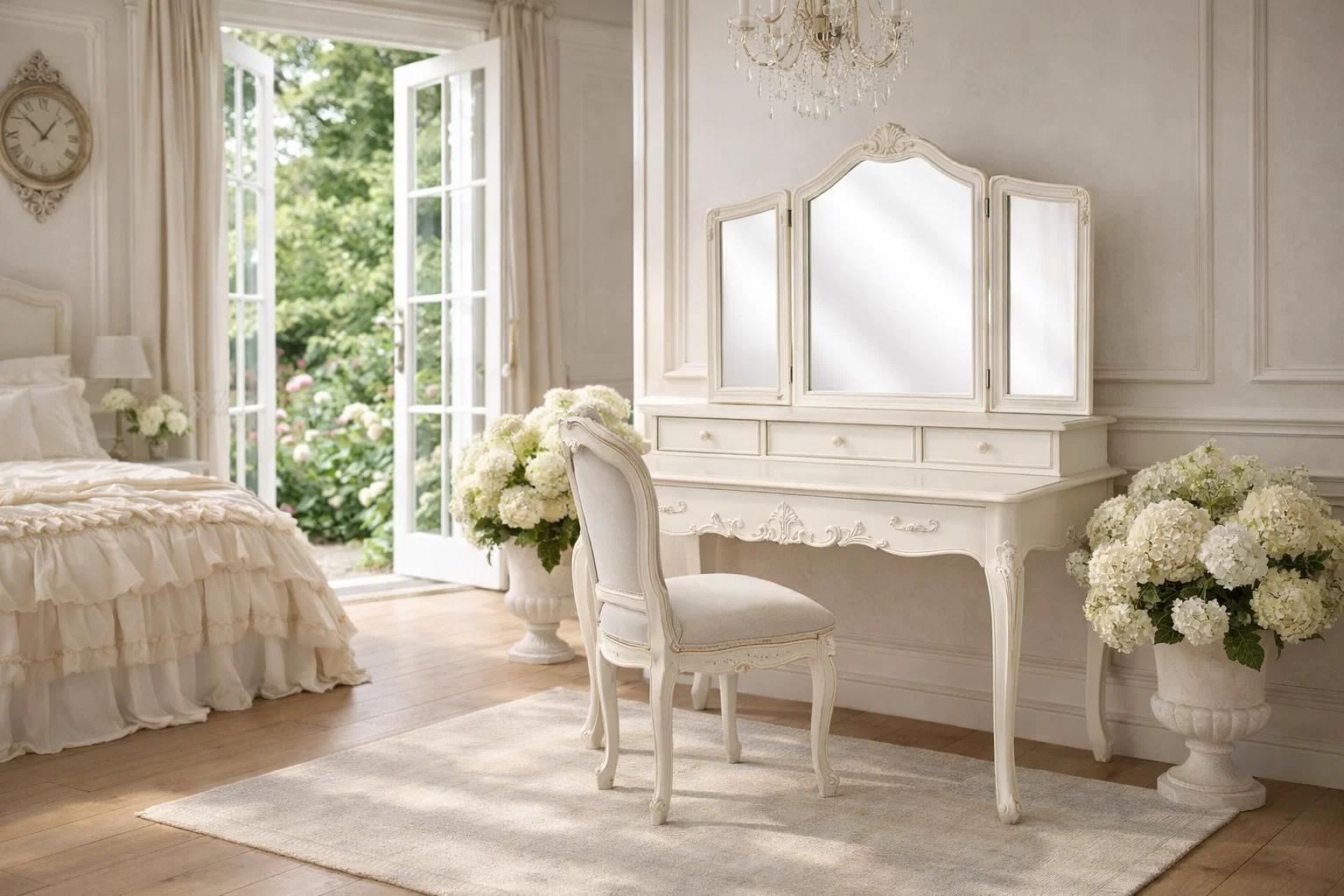 Camille French Provincial Dressing Table Antique White Tri Fold Mirror and Chair - Image 3
