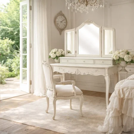 Camille French Provincial Dressing Table Antique White Tri Fold Mirror and Chair