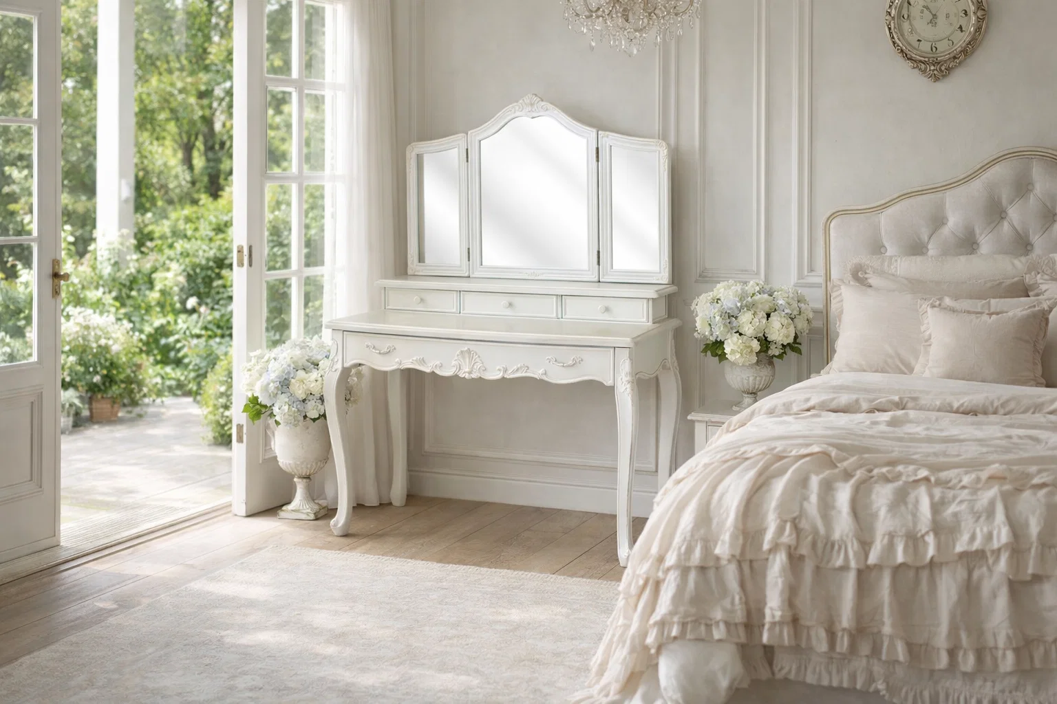 Camille French Provincial Dressing Table Antique White Tri Fold Mirror