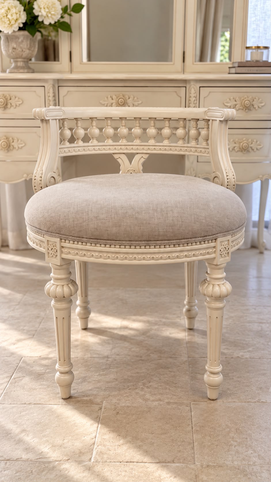 French Provincial Carved Stool Antique White