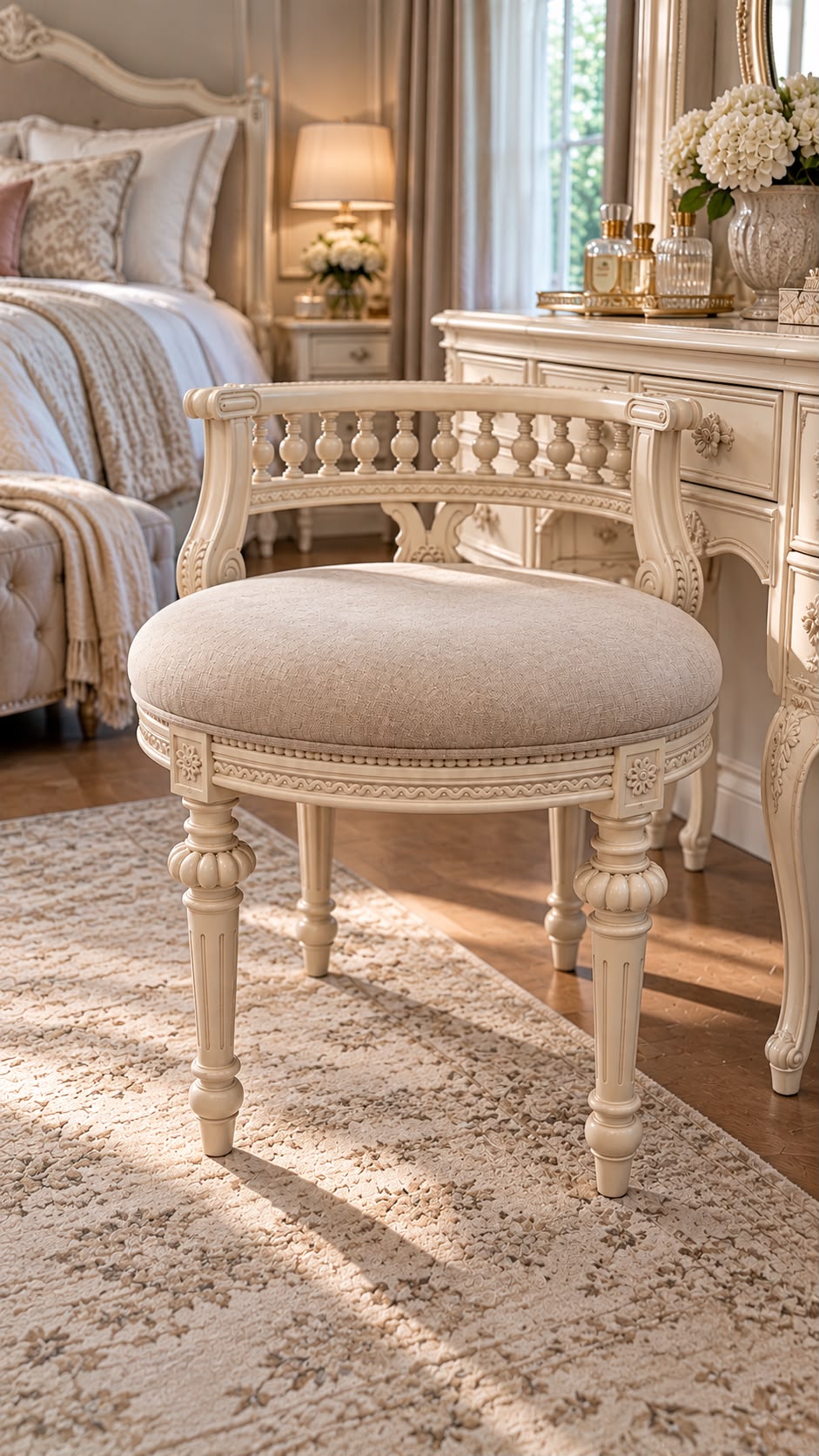 French Provincial Carved Stool Antique White