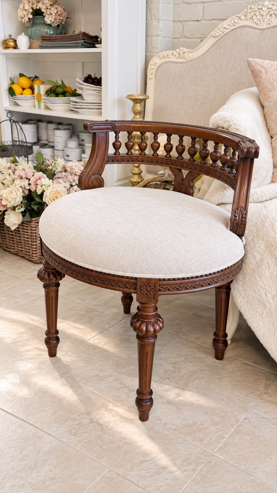 French Provincial Carved Stool Heritage Brown