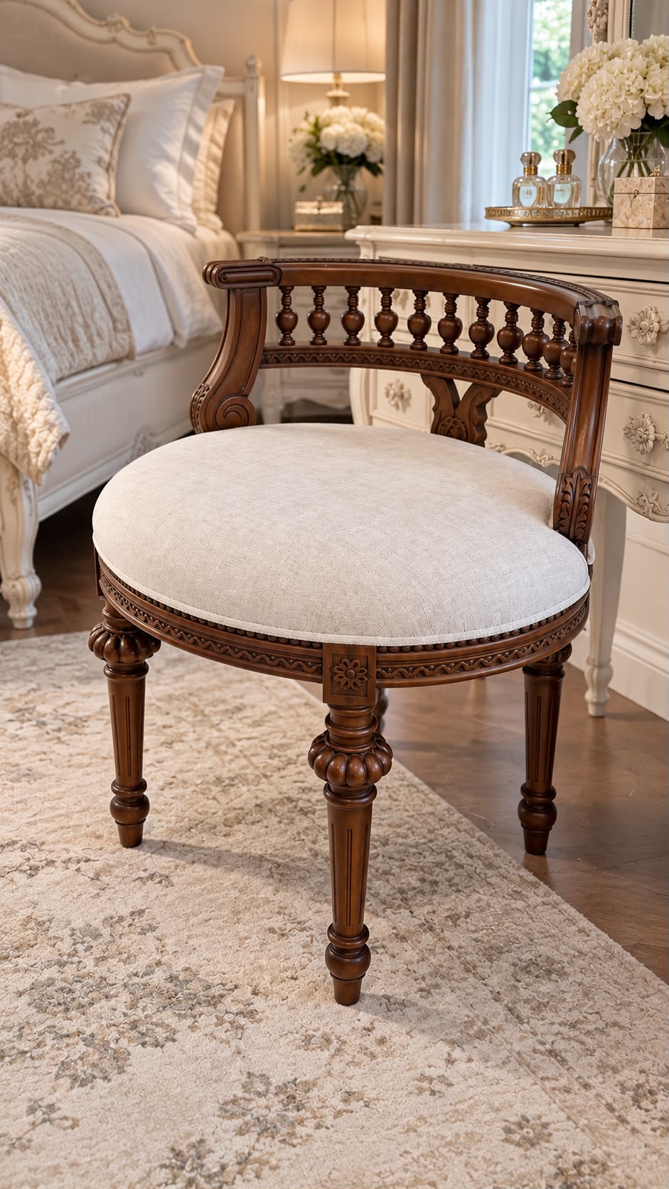 French Provincial Carved Stool Heritage Brown